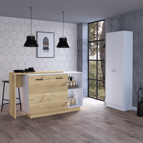 Edgemont 4-Door 2-piece Kitchen Set, Kitchen Island and Pantry Cabinet White and Light Oak
