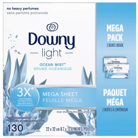 Downy Light Mega Dryer Sheets, Fabric Softener Dryer Sheets, Ocean Mist, 130 Count