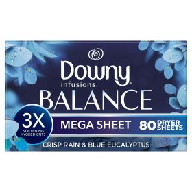 Downy Infusions Mega Dryer Sheets, BALANCE, Crisp Rain and Blue Eucalyptus, 80 Count
