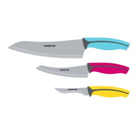 Farberware Precise Slice 3-piece Soft Grip Chef Knife Set, 8-inch Serrated Chef, 5.5-inch Serrated Utility, and 3.5-inch Trimming Parer, Assorted Colo
