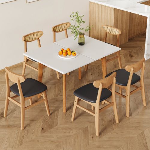 Table and chair set. White sintered stone tabletop, rubberwood legs, foldable computer desk, foldable desk. Solid wood dining chair with small curved